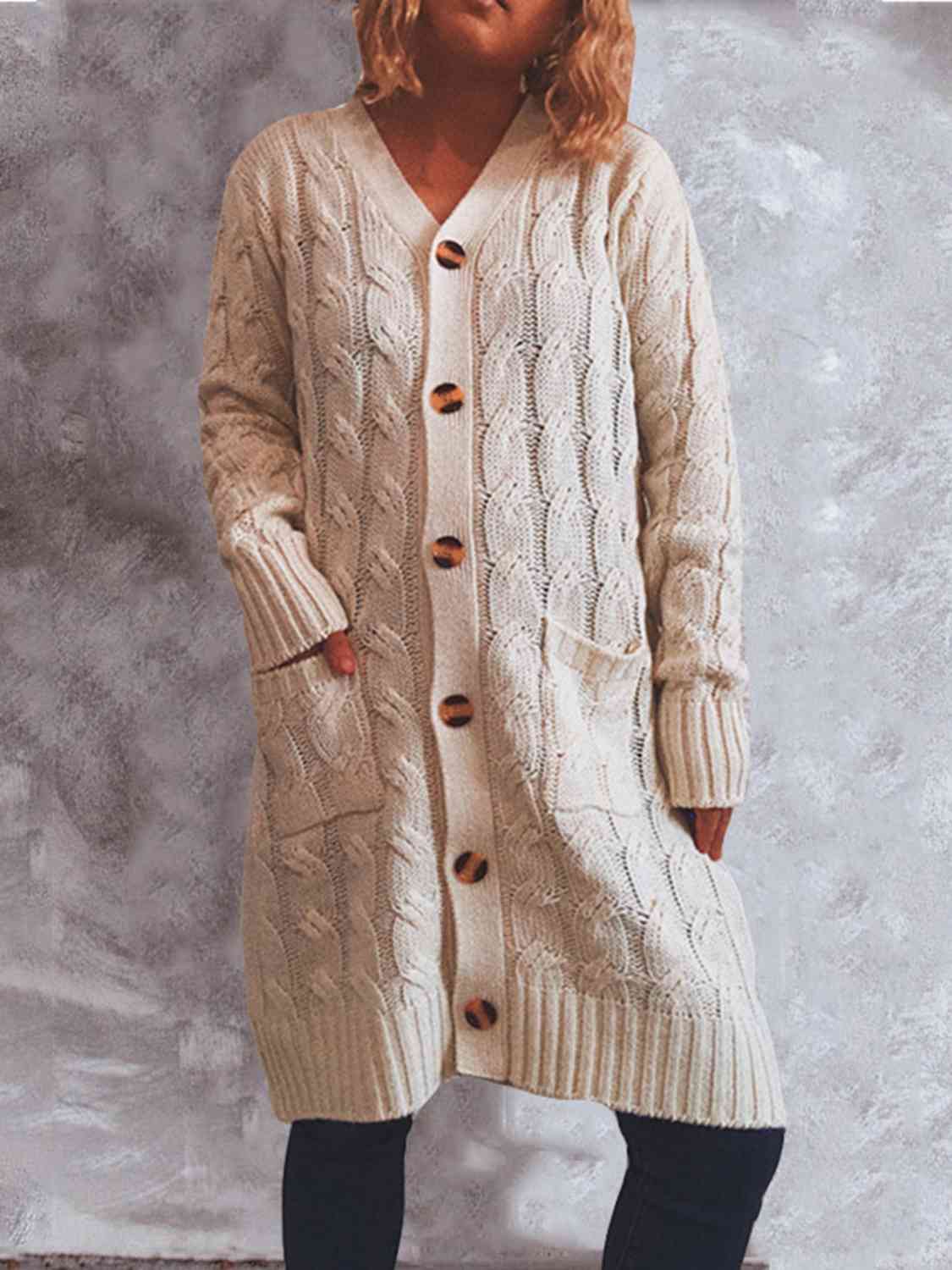 Button Up Cable-Knit Cardigan with Pockets