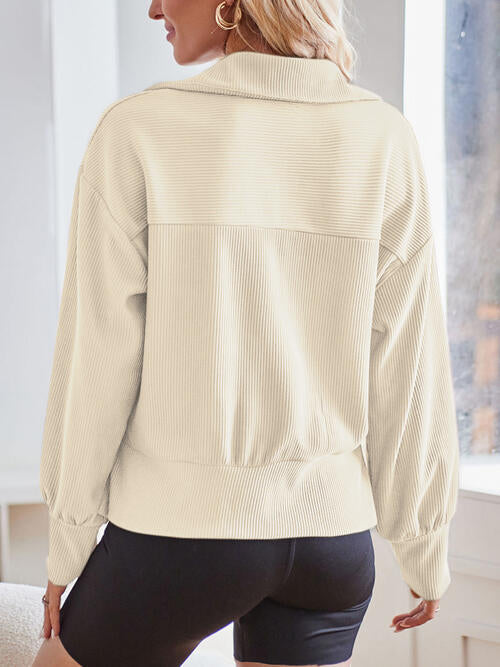 Ribbed Half Zip Collared Neck Sweatshirt