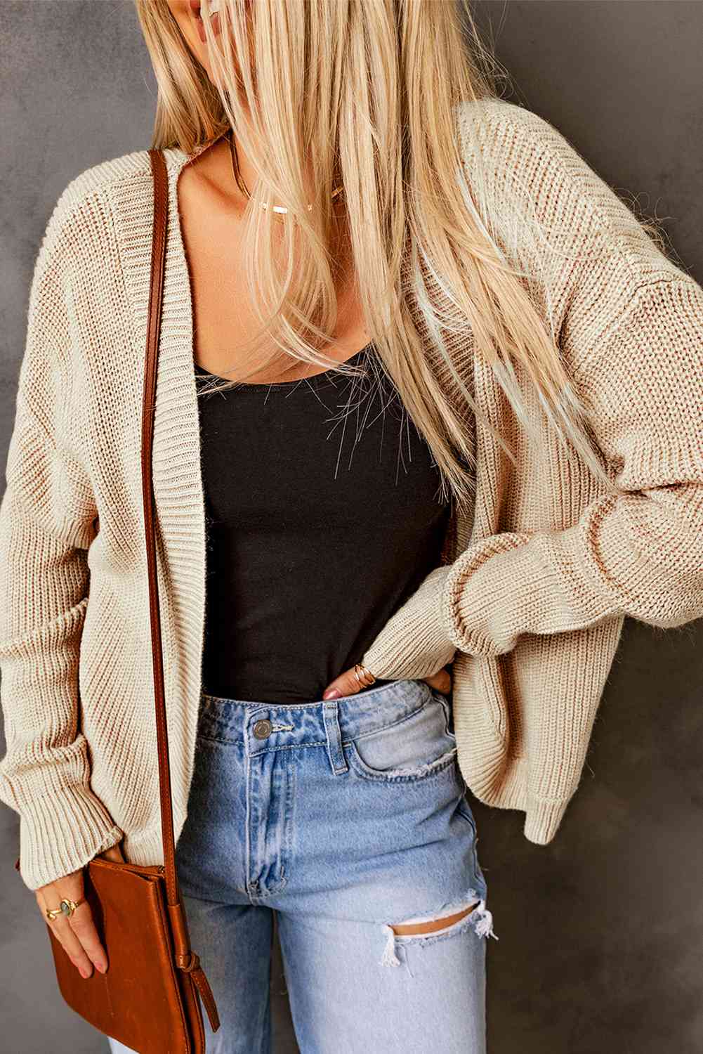 Open Front Drop Shoulder Rib-Knit Cardigan