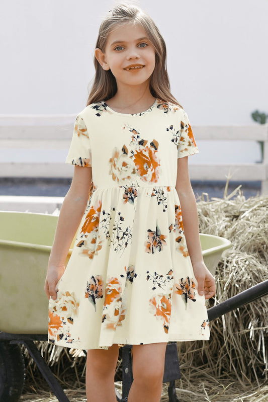 Girls Floral Short Sleeve Round Neck Dress