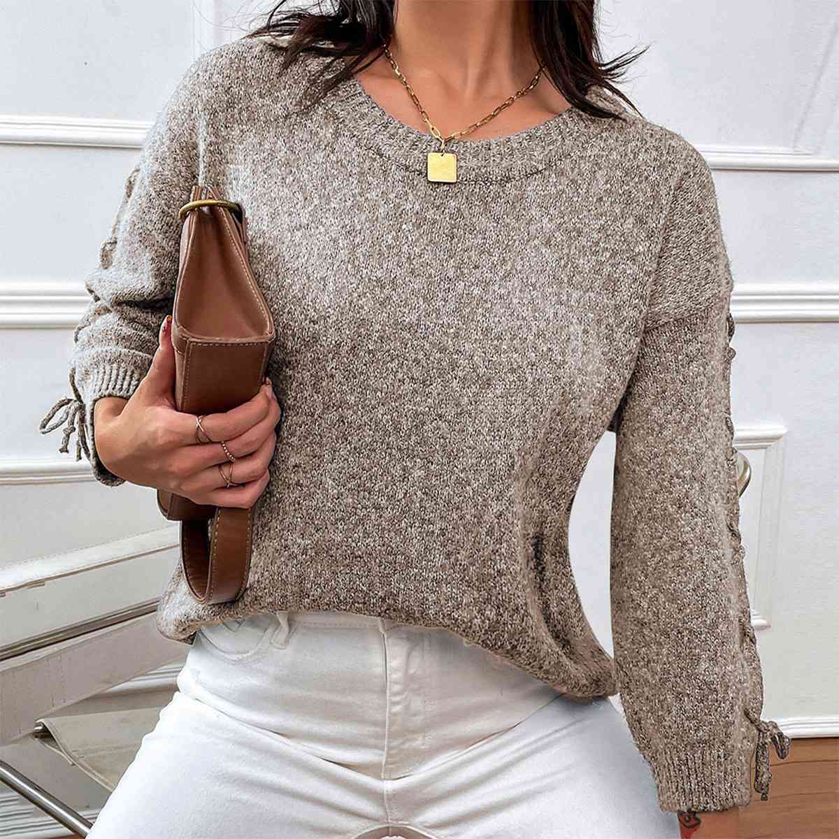 Lace-Up Long Sleeve Round Neck Sweater