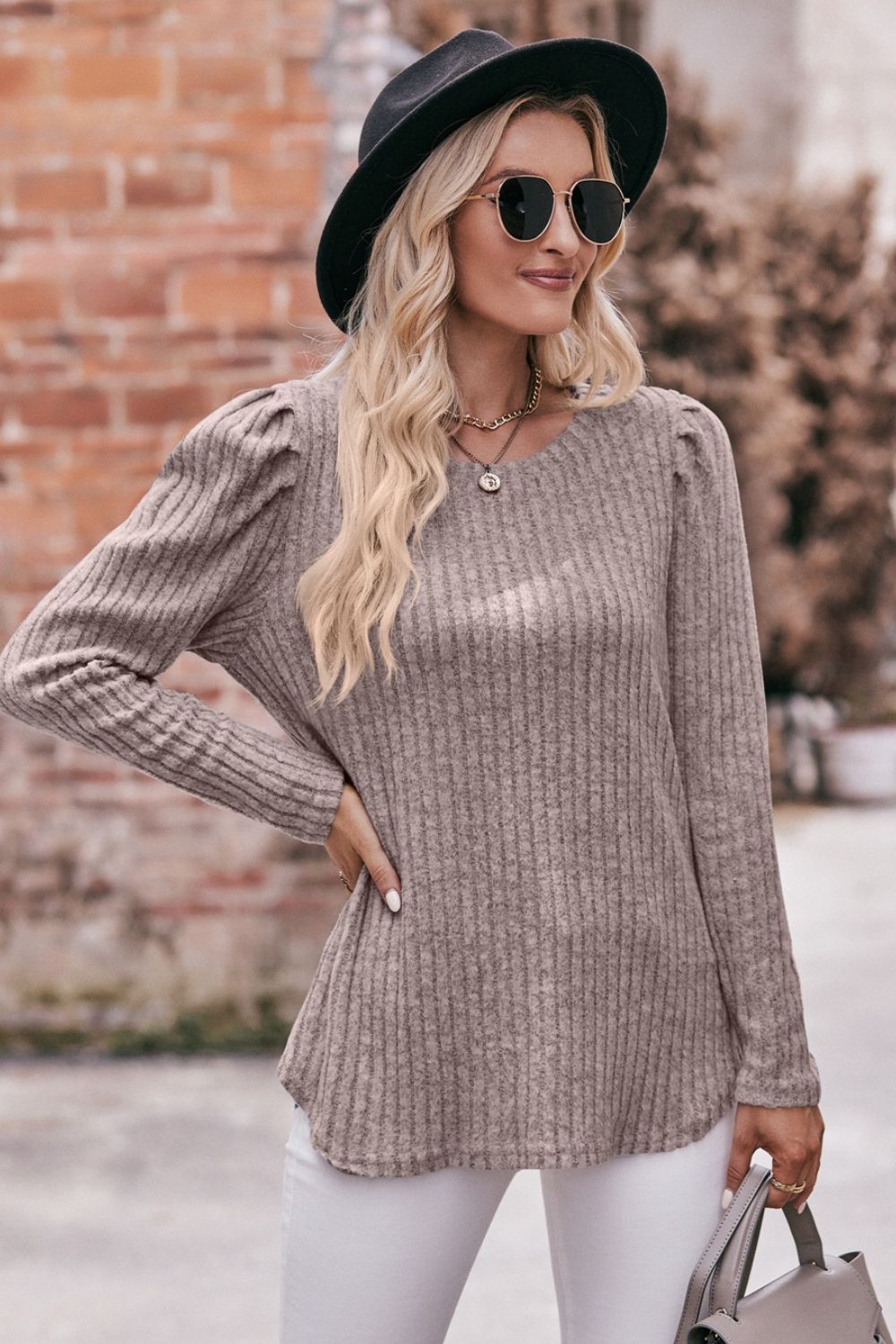 Round Neck Puff Sleeve Ribbed Top