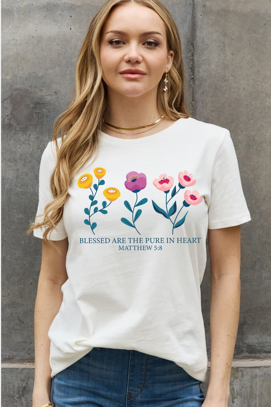 Simply Love Full Size BLESSED ARE THE PURE IN HEART Matthew 5:8 Graphic Cotton Tee