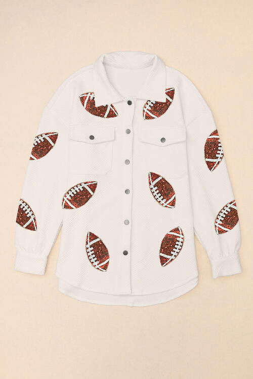 Sequin Football Patch Collared Neck Snap Button Jacket