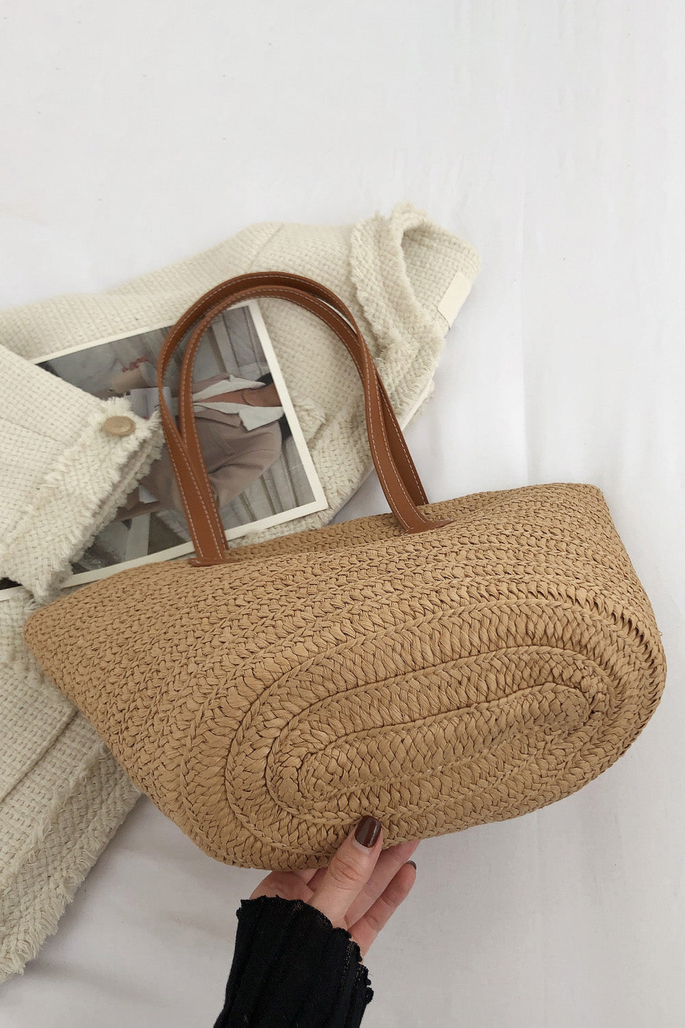 PU Leather Handle Straw Tote Bag