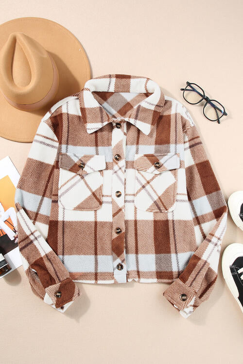 Pocketed Plaid Collared Neck Jacket