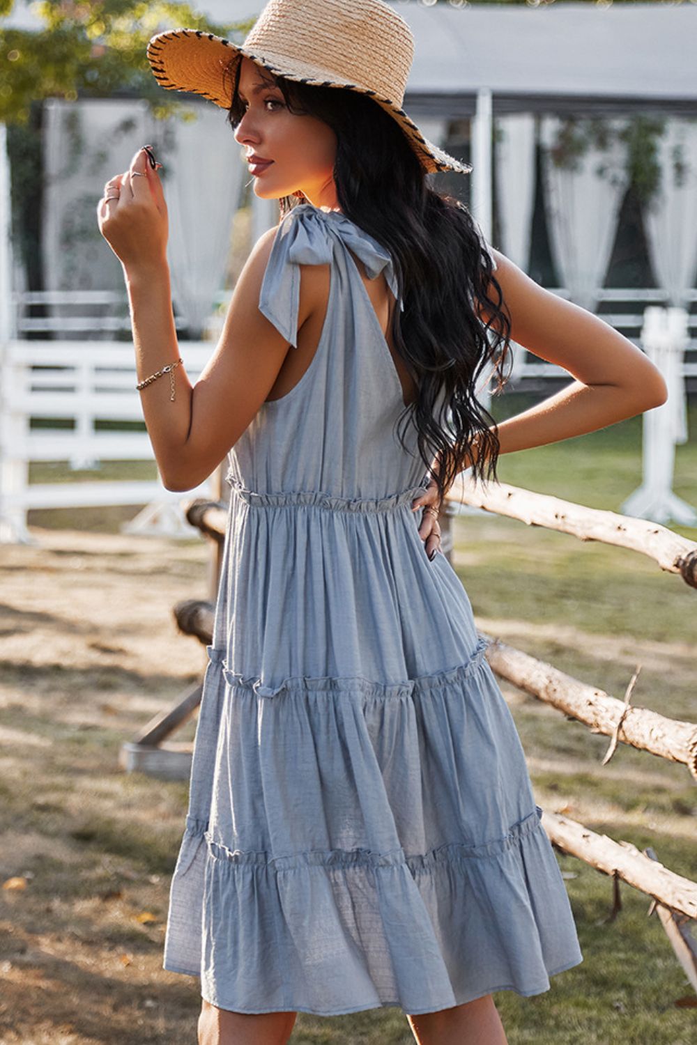 Tie-Shoulder Decorative Button V-Neck Dress