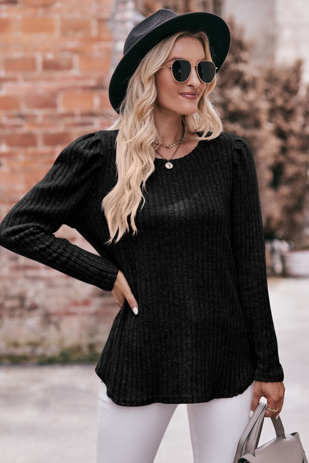 Round Neck Puff Sleeve Ribbed Top