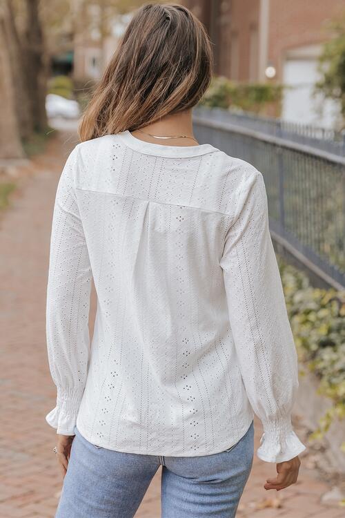 Openwork Notched Flounce Sleeve Blouse