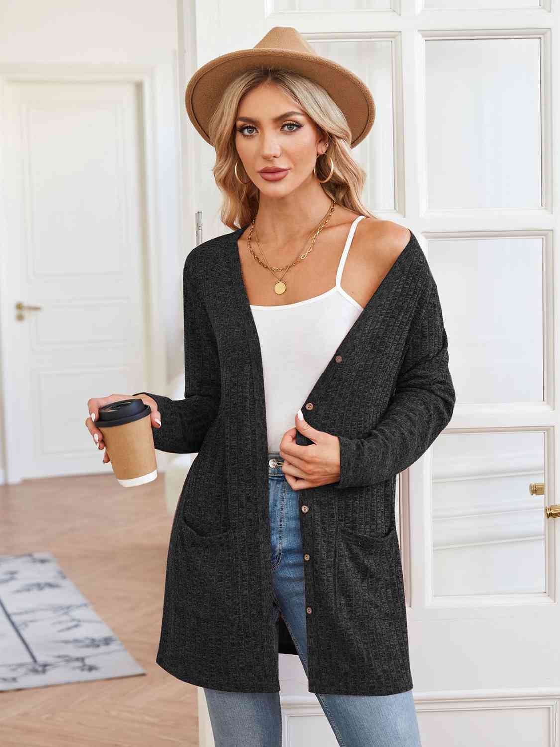Ribbed Button Up Cardigan with Pockets