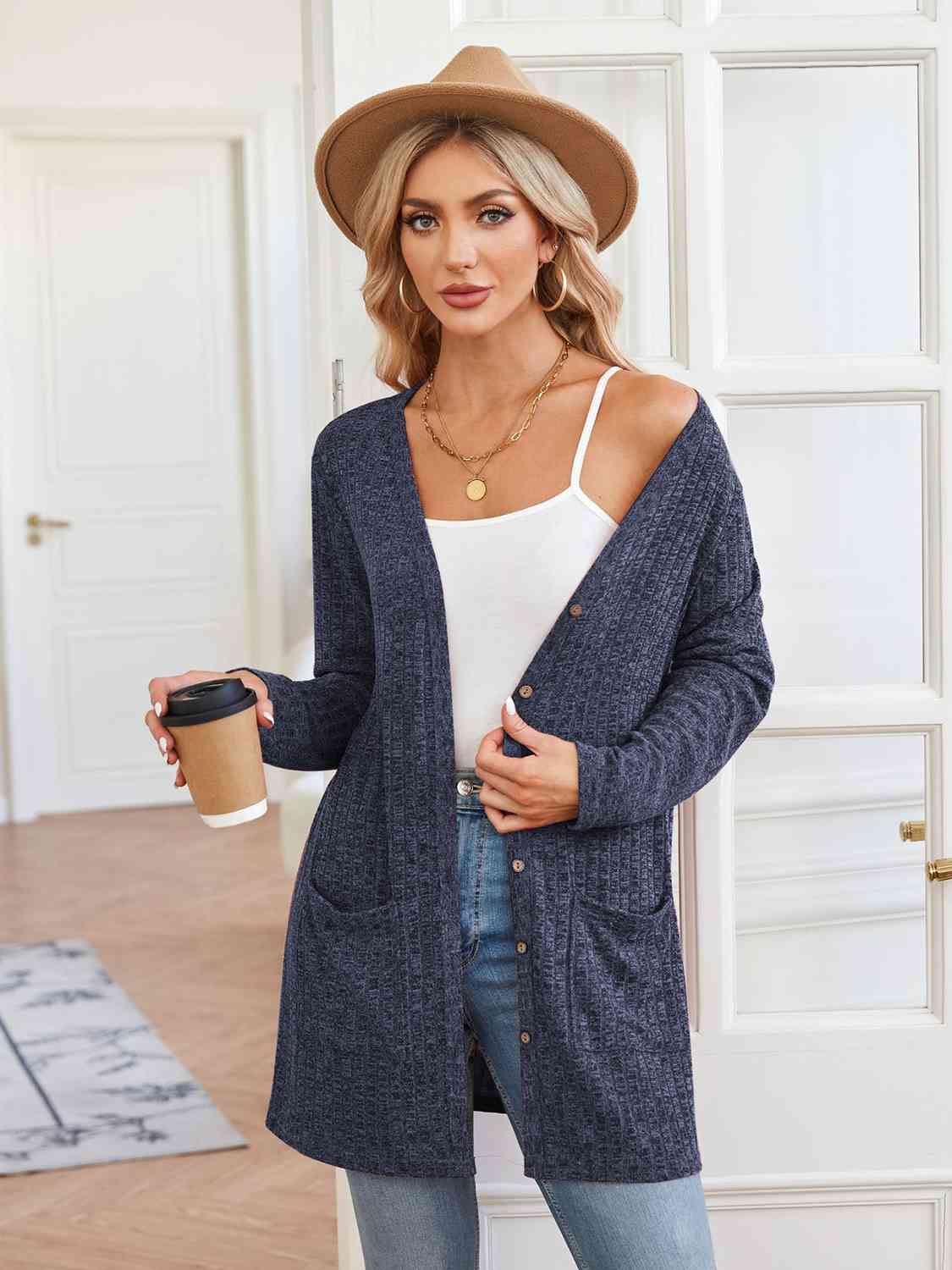 Ribbed Button Up Cardigan with Pockets
