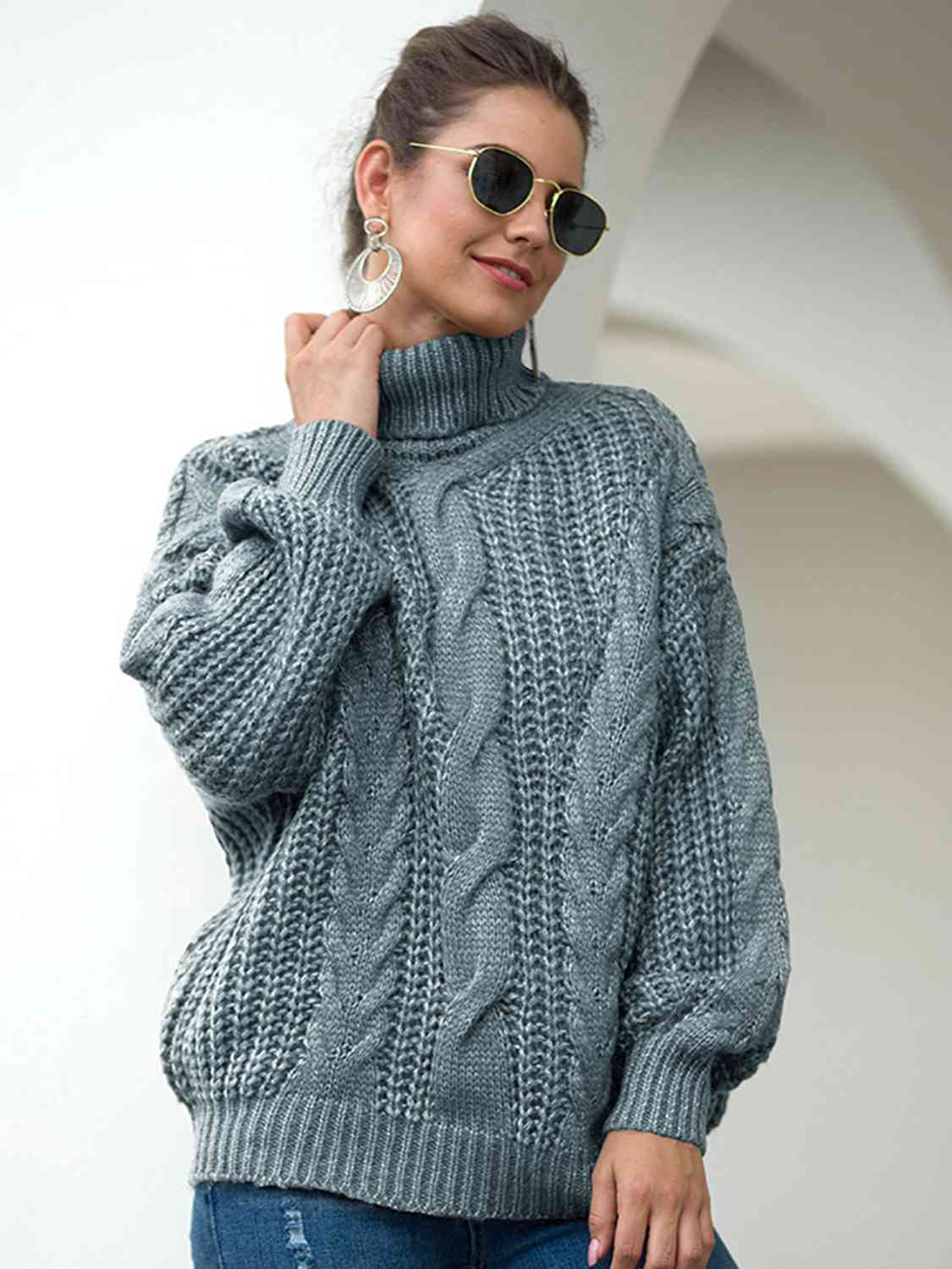 Turtleneck Cable-Knit Dropped Shoulder Sweater