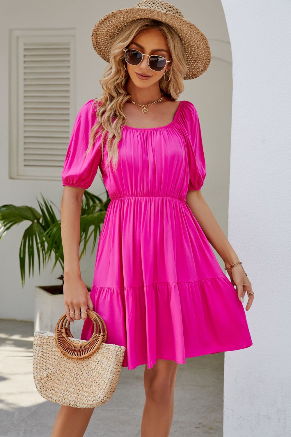 Ruched Square Neck Puff Sleeve Mini Dress