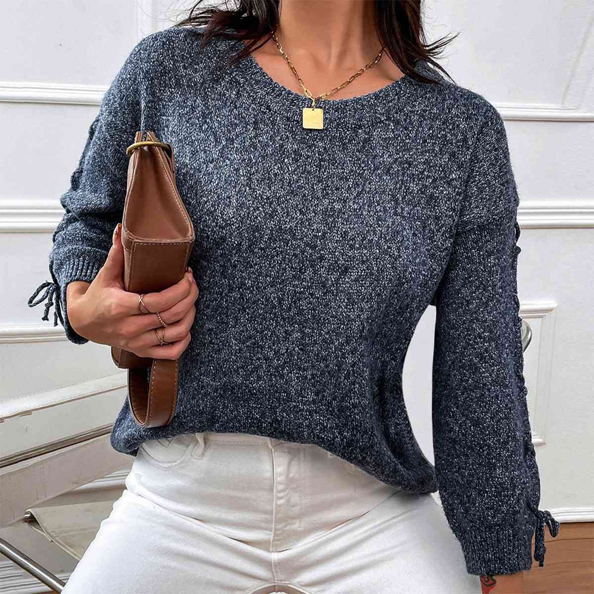 Lace-Up Long Sleeve Round Neck Sweater
