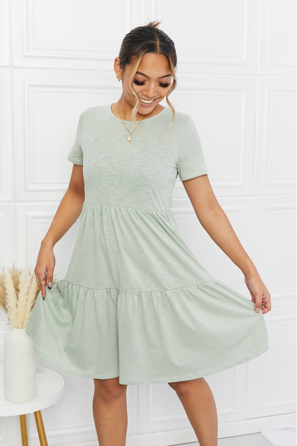 BOMBOM Short Sleeve Round Neck Tiered Tee Dress