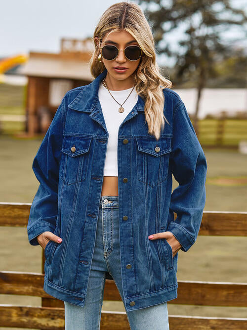 Collared Neck Denim Jacket With Pockets